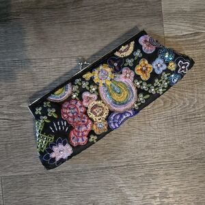 90s Vintage Aldo Black Satin Floral Embroidered Beaded Evening Clutch Purse Bag